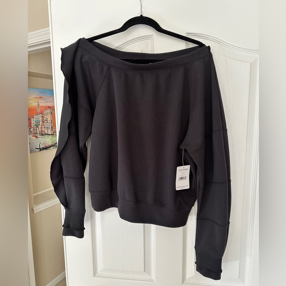FREE PEOPLE MOVEMENT NWT~ black ruffle one shoulder athletic pullover sweatshirt